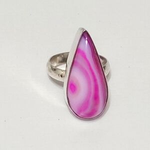 Vintage Boho Chunky Pink Agate Gemstone Long Teardrop Sterling Silver Ring 9